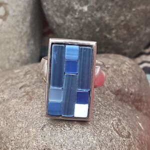 Artisan Signed 925 Sterling Silver Blue Opalescent Mosaic Glass Ring Size 8.5